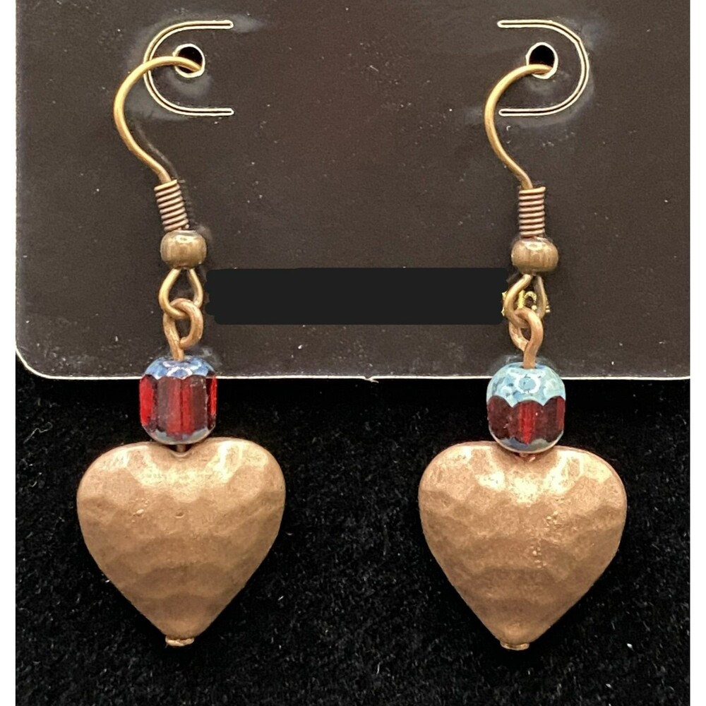 Handmade Aged Copper Metal Heart & Red Blue Glass Bead Earrings by Neanie-Bot